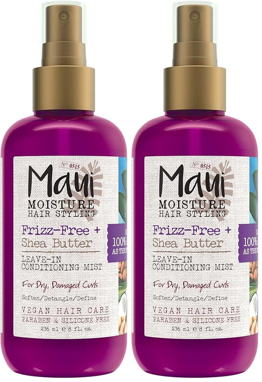 Maui Moisture Frizz-Free + Shea Butter Leave-in Conditioning Mist,Curly Hair Styling Spray to Soften,Detangle,& Define Dry,Damaged Curls & Waves,No Parabens or Silicone,8 fl. oz,(Pack of 2)