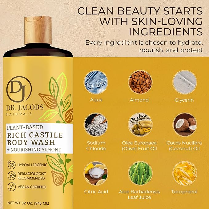 Dr. Jacobs Naturals Pure Castile Soap Liquid Body Wash, Almond - Plant Based Castile Soap Infused with Vitamin E and Aloe Vera to Moisturize Dry and Sensitive Skin - Made in The USA - 32 oz, Pack of 2