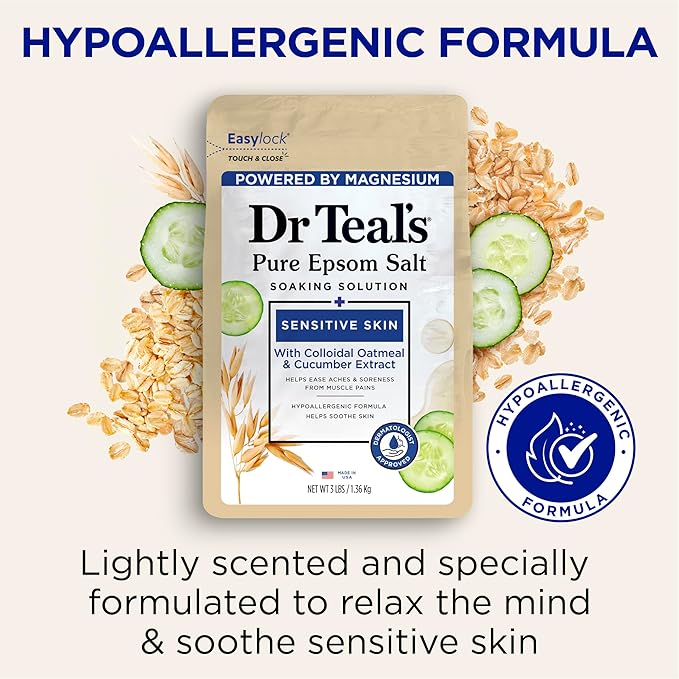 Dr Teal's Epsom Salt Magnesium Soak, Sensitive Skin with Colloidal Oatmeal & Cucumber, 3 lbs (Pack of 4)