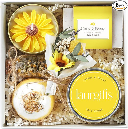 Birthday Gifts for Women – Yellow Sunshine Spa Gift Box, Luxury Bath & Self Care Package with Citrus & Peony Scent for Mom, Sister or Friend