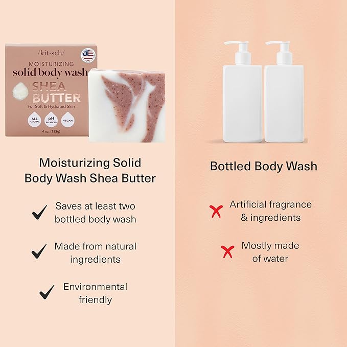 Kitsch Shea Butter Exfoliating Body Wash Bar Soap – Super Hydrating with Plant-Based Exfoliating Body Scrub – Moisturizing Skin Care – Paraben, Silicone & Sulfate-Free, Vegan – Made in USA, 4 oz