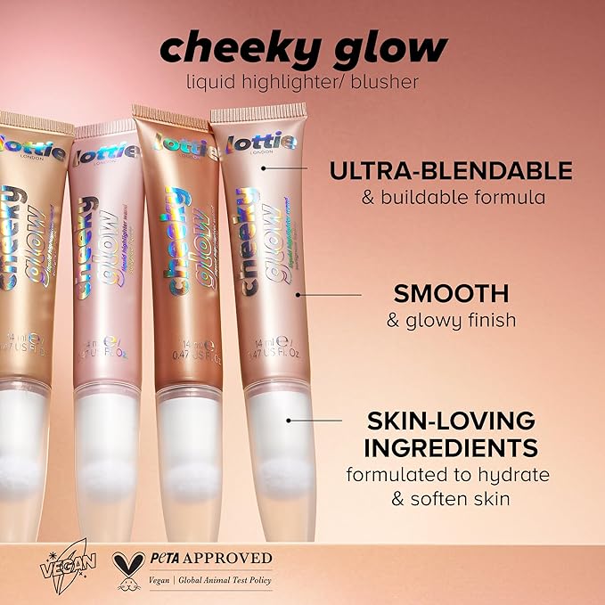 Lottie London Cheeky Glow in Champagne Drip, Liquid Blush & Sheer Highlighter, Buildable Formula Infused with Hyaluronic Acid, Vegan & Cruelty-free