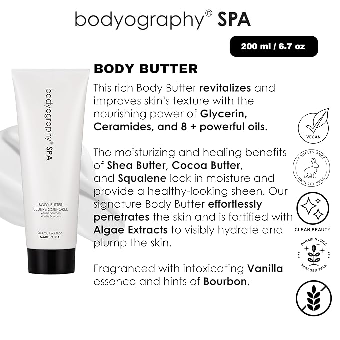 Bodyography Spa Body Butter 8 ounces | Vanilla Bourbon Fragrance | Luxurious Whipped Vegan Moisturizer with Ceramides, Algae Extract & Shea Butter | Firming Hydration for Dry Skin