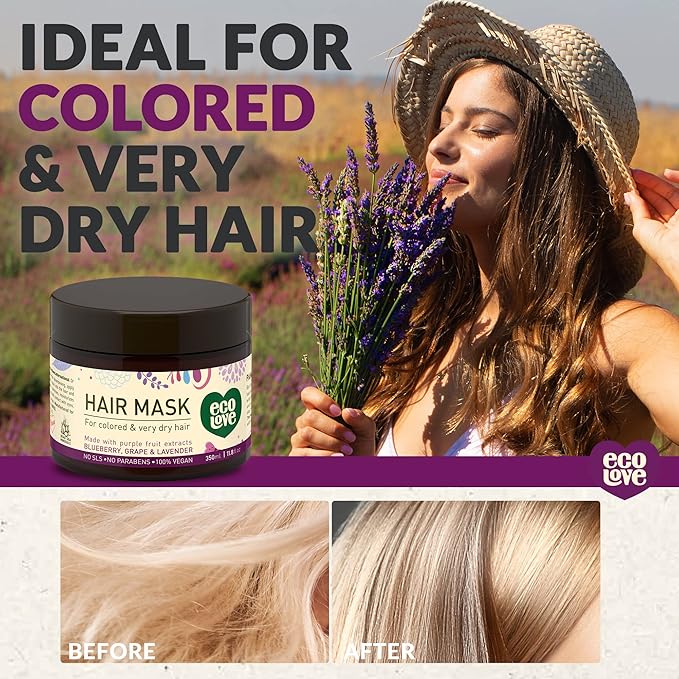 ecoLove Hair Mask for Dry Damaged Hair, Natural Hair Mask Deep Conditioning, 11.8 oz - Vegan and Cruelty-Free, With Lavender Extract, Organic Ingredients, SLS and Parabens Free