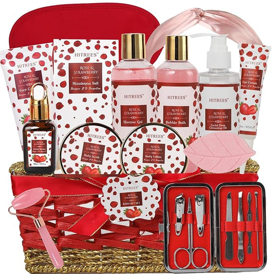 Luxury 22 pcs Rose & Strawberry Valentines Day Gift for Women, Bath and Body Basket Gift, Face Skin Care Kit, Home Spa Self Care, Eye Cream, Birthday, Christmas, Mother, Bridal Shower, Anniversary