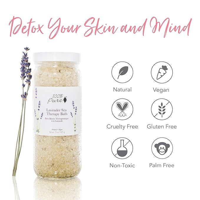100% PURE Lavender Sea Therapy Bath Soak, Bath Salts for Relaxation, Made with Lavender Essential Oil, Spa Kit for Home, Bath Soak with Essential Oils - 15 Oz