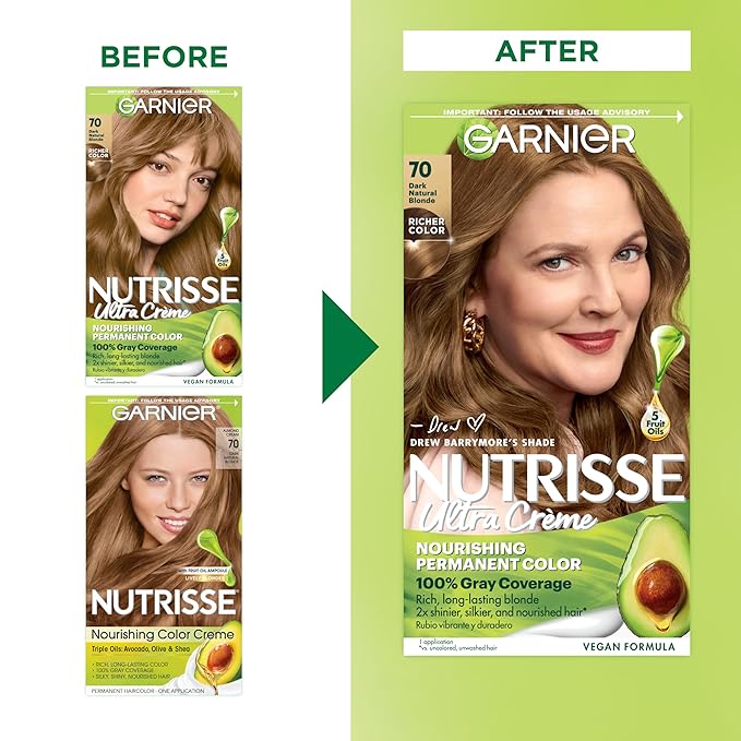 Garnier Nutrisse Ultra Crème Hair Color, Permanent Hair Dye with 100% Gray Coverage, Vegan & Cruelty-Free, 70 Dark Natural Blonde (Almond Crème), 1 Count