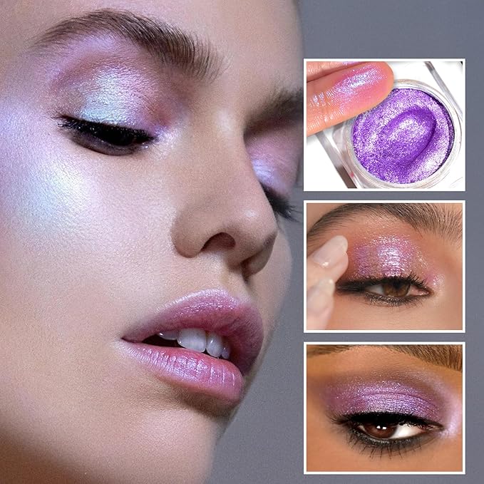 Shimmer Purple Cream Eyeshadow, Moisturizing Metallic Sparkling Ultra-Blendable Purple Glitter Eye Shadow Makeup, Long Lasting Travel Friendly Creme Eyeshadow Palette for Evening Natural Look, 09#