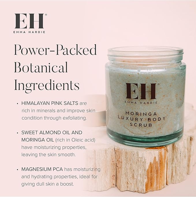 Emma Hardie 350g Moringa Luxury Body Scrub with Himalayan Pink Salt, Moringa and Sweet Almond Oil, Detoxifies and Exfoliates Skin, For All Skin Types, Vegan & Cruelty Free