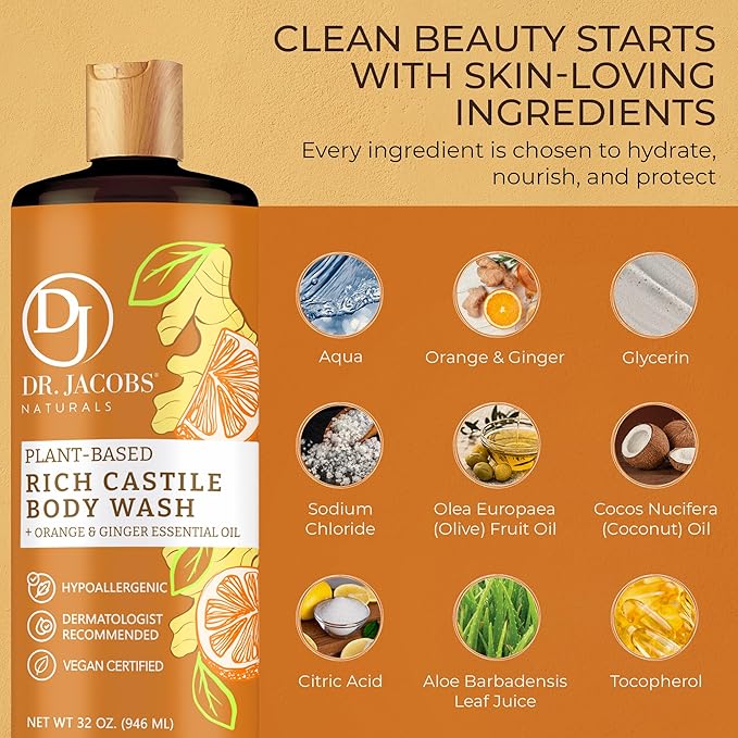 Dr. Jacobs Naturals Pure Castile Soap Liquid Body Wash, Orange & Ginger - Plant Based Soap Infused with Vitamin E & Aloe Vera to Moisturize Dry and Sensitive Skin - Made in The USA - 32 oz, Pack of 1