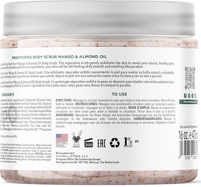 Petal Fresh Pure Brightening Mango & Almond Oil Body Scrub, AHAs for Gentle Exfoliation, Even Tone & Radiant Glow, Vegan and Cruelty Free, 16 oz – MADE IN USA