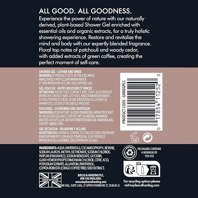 Baylis & Harding Goodness Men's Patchouli, Cedar & Cypress Natural Body Wash, 16.9 fl. oz (Pack of 3) - Biodegradable Formula - Vegan Friendly