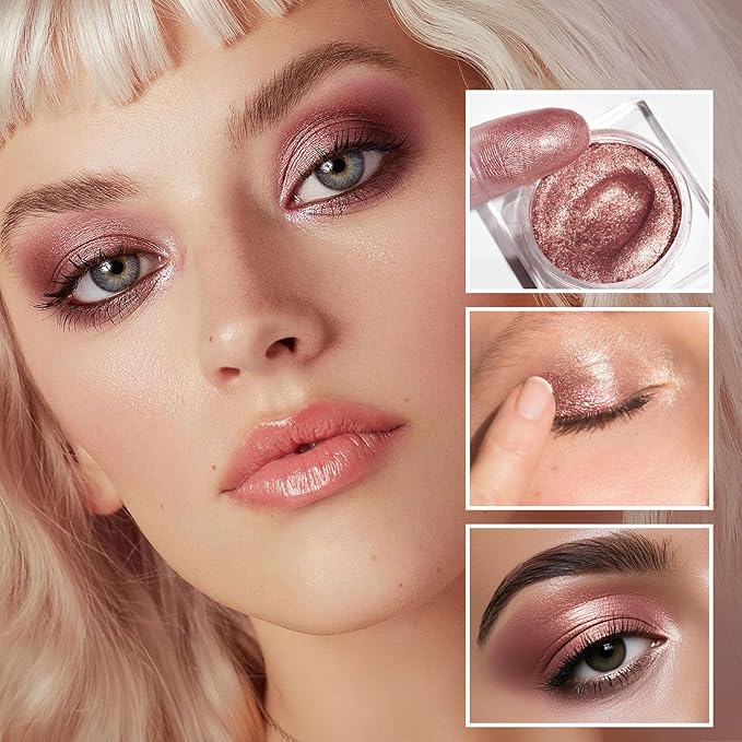 DE'LANCI Pink Cream Shimmery Eyeshadow, Single Sparkling Blendable Formula Pink Eye Shadow Makeup, Moisturizing Waterproof Lightweight Face Highlighter Blush Eyeshadow Makeup Long Lasting 07#