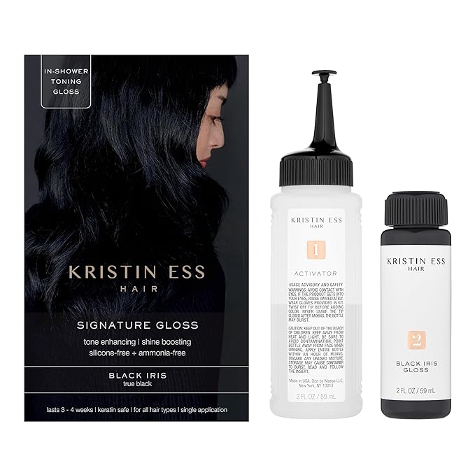 Kristin Ess Hair Gloss in Black Iris True Black - 4 Wk Semi Permanent Hair Color for Women - Black Hair Color Depositing Conditioner & Toner for Vibrant Color + Shine - Hair Dye Glaze - Vegan