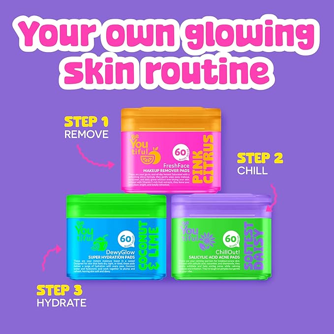 BeYoutiful DewyGlow Hydrating Face Moisturizer Wipes for Teens and Kids, Easter Goodie Bag Stuffers, 60 Toner Facial Pads, Trendy Skin Care, Vegan