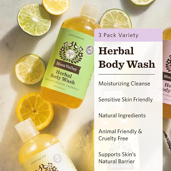 Moon Valley Organics Herbal Body Wash, Lavender, Peppermint, Siberian Fir, All Natural Ingredients, No Parabens, Vegan, Moisturizing Essential Oils, Variety 3 Pack