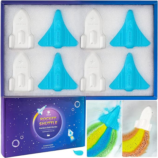 ORIGLAM Bath Bombs for Kids, 8 XL Organic Kids Bath Bombs for Boys, Space Plane & Rocket Rainbow Bath Bomb for Toddlers Individually Wrapped, Bulk Birthday Gifts for Men Party Favors for Kid 4-8-12