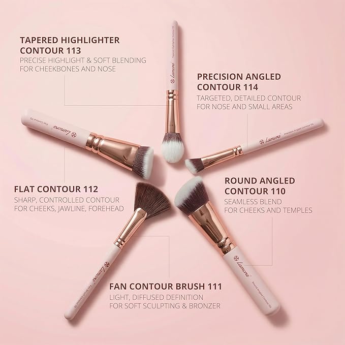 Pro Face Contour Brush Set - Synthetic Contouring Sculpting and Highlighting Kit - Cream Blush Powder Flat Nose Cheek Round Small Angled Fan Tapered Precision Kabuki Foundation Makeup Brushes