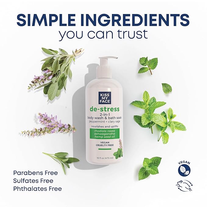 Kiss My Face De-Stress 2-in-1 Body Wash & Bath Soak - Peppermint + Clary Sage - Botanical Blend - Vegan and Cruelty Free - With added Rhodiola Rosea, Hemp Seed Oil, and Ashwagandha - 16 fl oz Bottle