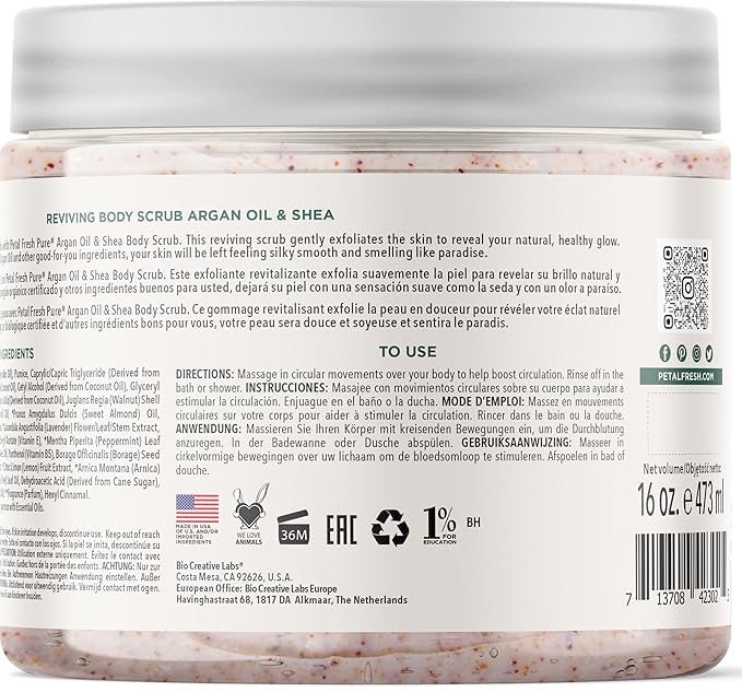 Petal Fresh Argan Oil & Shea Body Scrub, Pure Reviving, Natural, Gently Exfoliating, Daily Skincare, Vegan and Cruelty Free,16 oz
