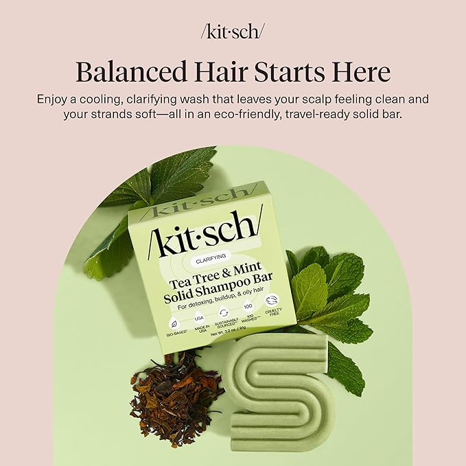 Kitsch Clarifying Tea Tree & Mint Shampoo Bar - Tea Tree Shampoo for Build-Up Removal - Hair Shampoo Bar for Scalp & Oil Control - Vegan Hair Care, Made in USA, 3.2 oz