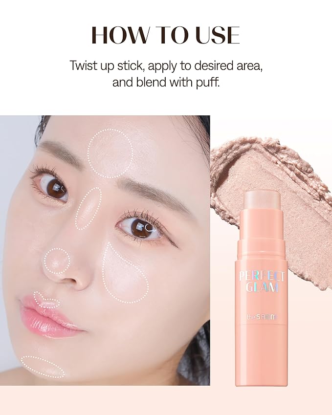 THESAEM Perfect Glam Stick Highlighter WH01 Aurora Wave - Creamy Face Glow Pearl Luminous - Ceramide, Shea Butter - Melting Cream Texture Dewy Finish Korean Makeup with Blending Puff, 0.2oz