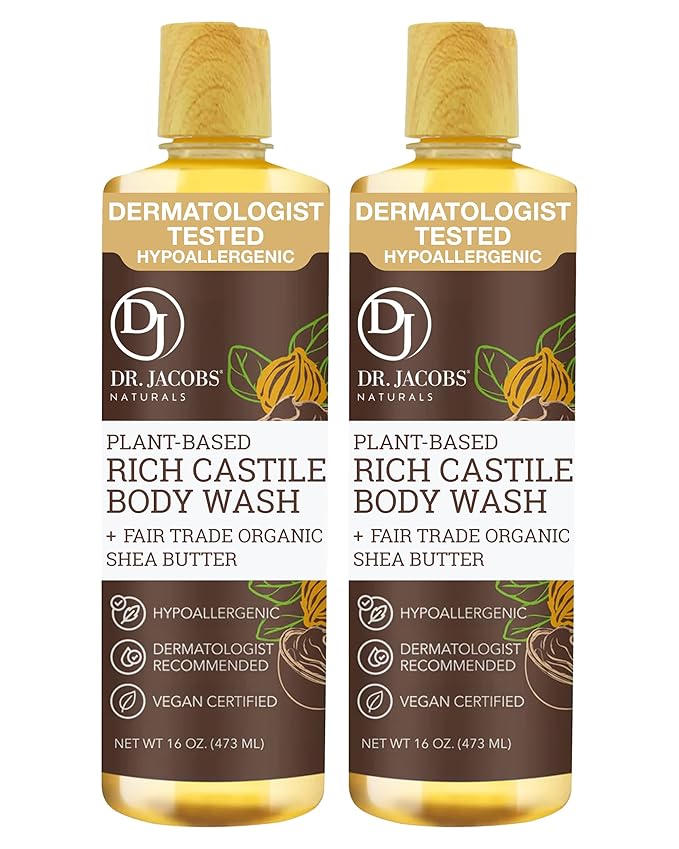 Dr. Jacobs Naturals Pure Castile Soap Liquid Body Wash, Sandalwood - Plant Based Soap Infused with Vitamin E and Aloe Vera to Moisturize Dry and Sensitive Skin - Made in The USA - 16 oz, Pack of 2