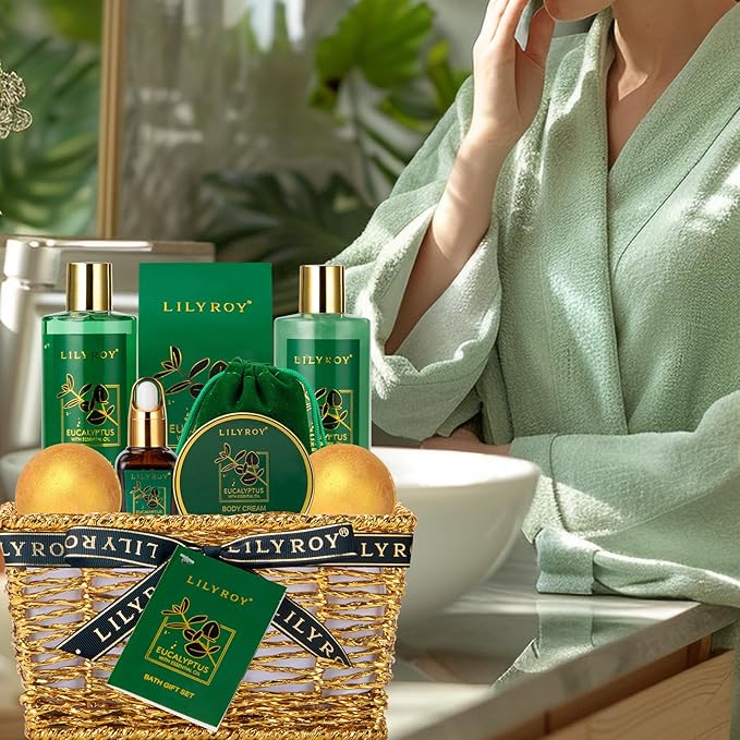 Bath and Body Gift Basket for Valentines Day Gifts - 10-Piece Eucalyptus Luxury Spa Set for Women & Men, Relaxation Ideal for Mothers Day, Fathers Day, Birthday, Christmas Gift for Her & Him