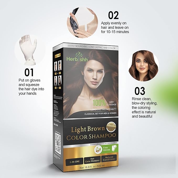 Herbishh Color Shampoo for Gray Hair Coverage (Light Brown) –Hair Dye 3-in-1 Shampoo- Colors in Minutes – Lasts Up To 2-3 Weeks – 500 mL – Ideal for Men & Women