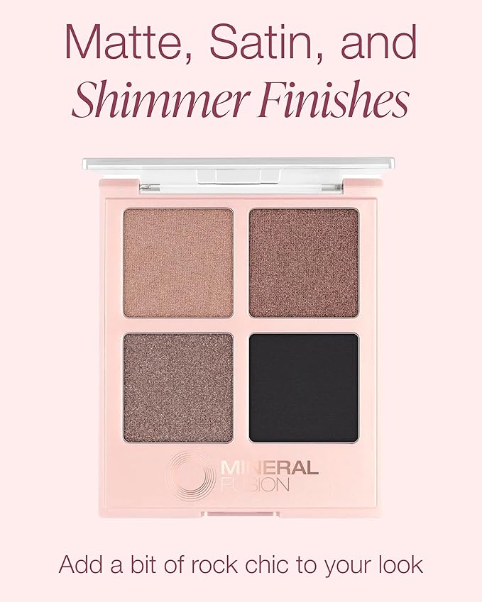 Mineral Fusion Eyeshadow Palette - Four Pressed Powder Shades in Matte, Satin, and Shimmer Finishes - Natural, Lightweight Vegan Eye Makeup - (Rock Show)