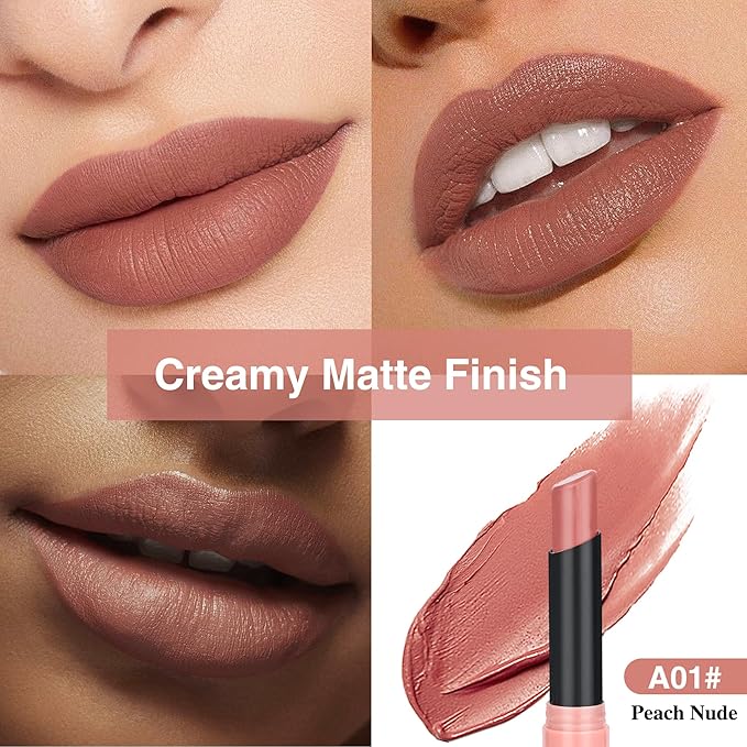 Nude Pink Lipstick for Women，Matte Velvet Satin Lipsticks，Hydrate Lip stick Non-Drying Long Lasting Lip Stain Daily Makeup，Creamy Silky Texture，Highly pigment Formula，Vegan & Cruelty-Free，A01#