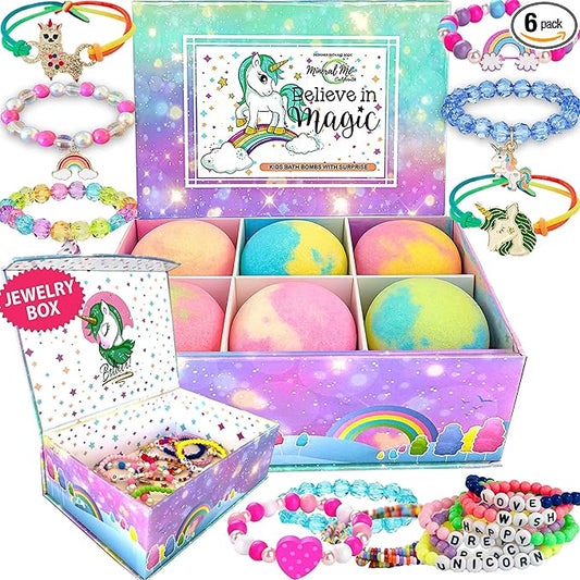 Bath Bombs for Kids with Surprise Inside, Unicorn Bath Bombs for Girls with Jewelry & Jewelry Box for Kids - Organic, Skin Moisturizing, Natural Bubble Bath, Easter Basket Essentials for Girls, Kids
