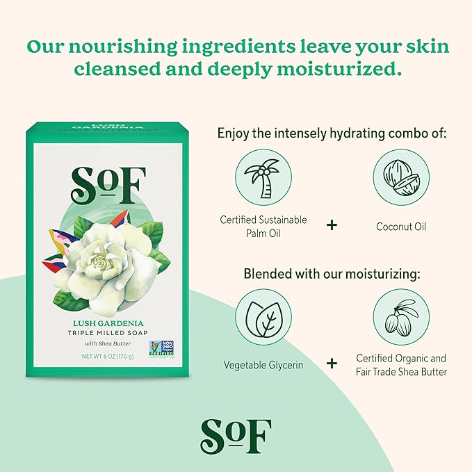 SoF Triple Milled Bar Soap - With Coconut Oil & Organic Shea Butter- Vegan & Non GMO- Free From Phthalates, Sulfates & Parabens- Lush Gardenia - 6 oz Bar 6 Bars
