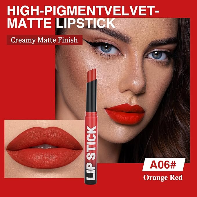Orange Red Lipstick for Women，Matte Velvet Satin Lipsticks，Hydrate Lip stick Non-Drying Long Lasting Lip Stain Daily Makeup，Creamy Silky Texture，Highly pigment Formula，Vegan & Cruelty-Free，A06#