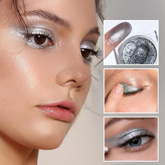 Silver Eyeshadow Single Cream Shimmer, Silver Glitter Eyeshadow Long Lasting Silky Smooth Texture, Blendable Neutral Metallic Highlighter Eye Makeup for All Skin, Travel Friendly, Cruelty-Free, 05#