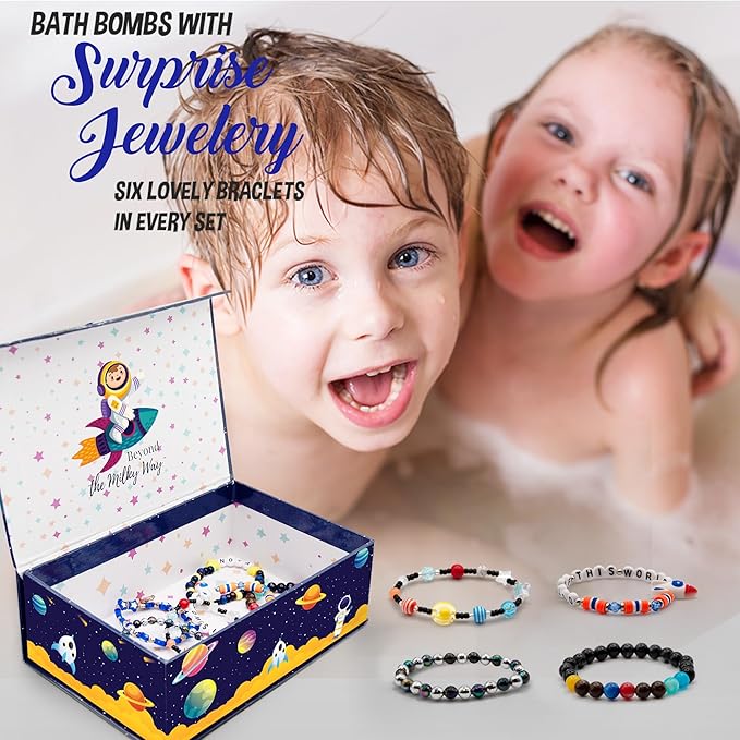 Bath Bombs for Kids with Surprise Inside, Bath Bombs with Surprise Jewelry & Jewelry Box - Organic, Skin Moisturizing, Natural Kids Space Galaxy Bracelets, Easter Basket Essentials for Boys, Girls