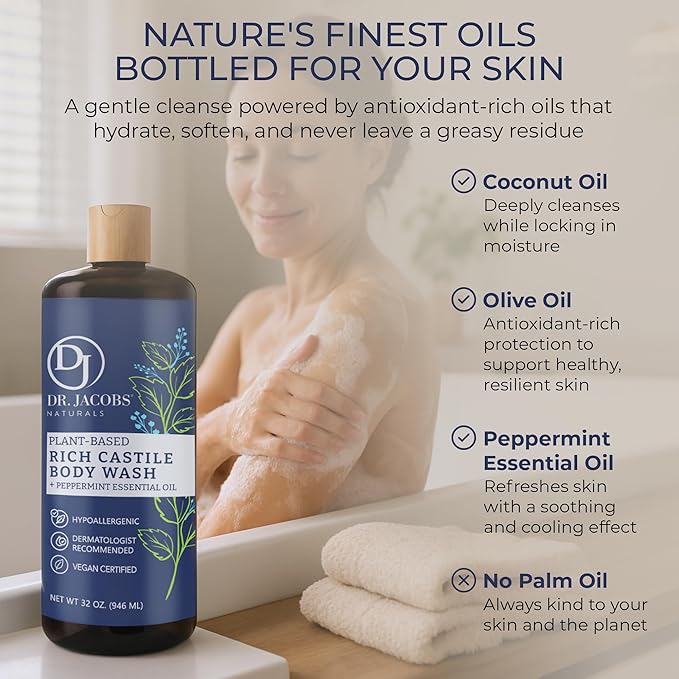 Dr. Jacobs Naturals Pure Castile Soap Liquid Body Wash, Peppermint - Plant Based Soap Infused with Vitamin E and Aloe Vera to Moisturize Dry and Sensitive Skin - Made in The USA - 32 oz, Pack of 3