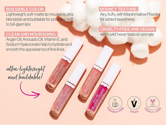 wet n wild Liquid Lipstick Cloud Pout Marshmallow, Light Pink Pour Some Suga On Me | Matte Lip Cream Mousse | Argan Oil | Vitamin E