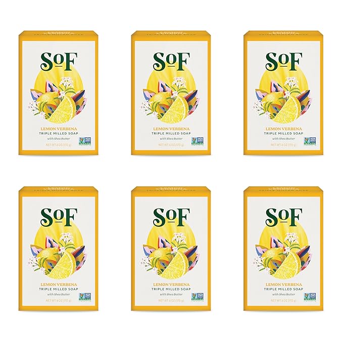SoF Triple Milled Bar Soap - With Coconut Oil & Organic Shea Butter- Vegan & Non GMO- Free From Phthalates, Sulfates & Parabens- Lemon Verbena - 6 oz Bar 6 Bars