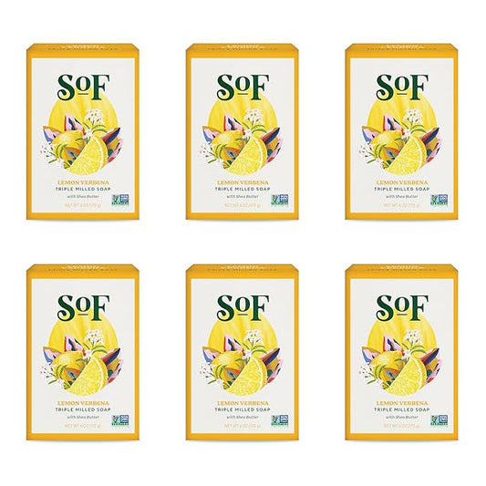 SoF Triple Milled Bar Soap - With Coconut Oil & Organic Shea Butter- Vegan & Non GMO- Free From Phthalates, Sulfates & Parabens- Lemon Verbena - 6 oz Bar 6 Bars