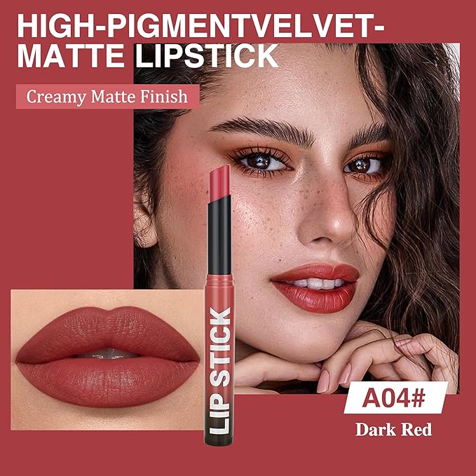 Dark Red Lipstick for Women，Matte Velvet Satin Lipsticks，Hydrate Lip stick Non-Drying Long Lasting Lip Stain Daily Makeup，Creamy Silky Texture，Highly pigment Formula，Vegan & Cruelty-Free，A04#