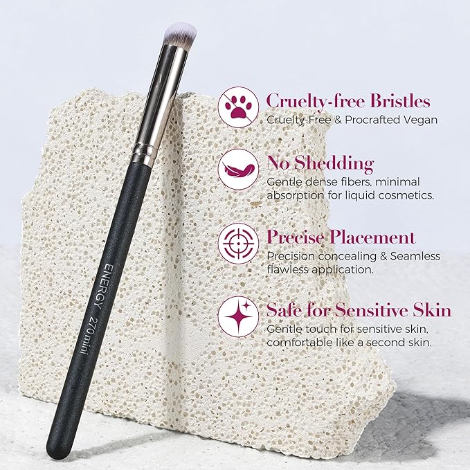 ENERGY Small Concealer Brush Mini Flat Angled Kabuki for Under Eye Concealing Blending with Powder Liquid Cream Make Up Appllicator Soft Vegan Makeup Brush