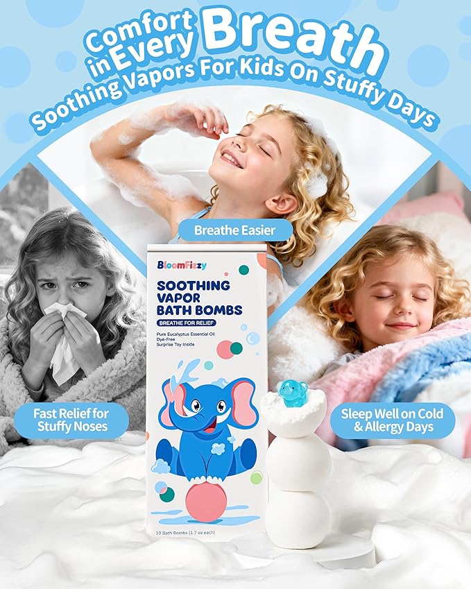 Soothing Vapor Bath Bombs for Kids with Surprise Toys Inside, Eucalyptus & Lavender Essential Oils, Dye-Free Aromatherapy Bath Fizzies, 10 Pack