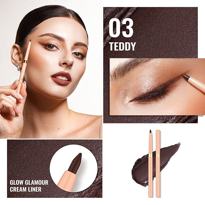 Oulac Coffee Brown Eyeliner Pencil Waterproof Smudge Proof Brown Eye Liner Retractable, Smooth and Creamy Texture, Vegan & Cruelty-Free, 03 Teddy