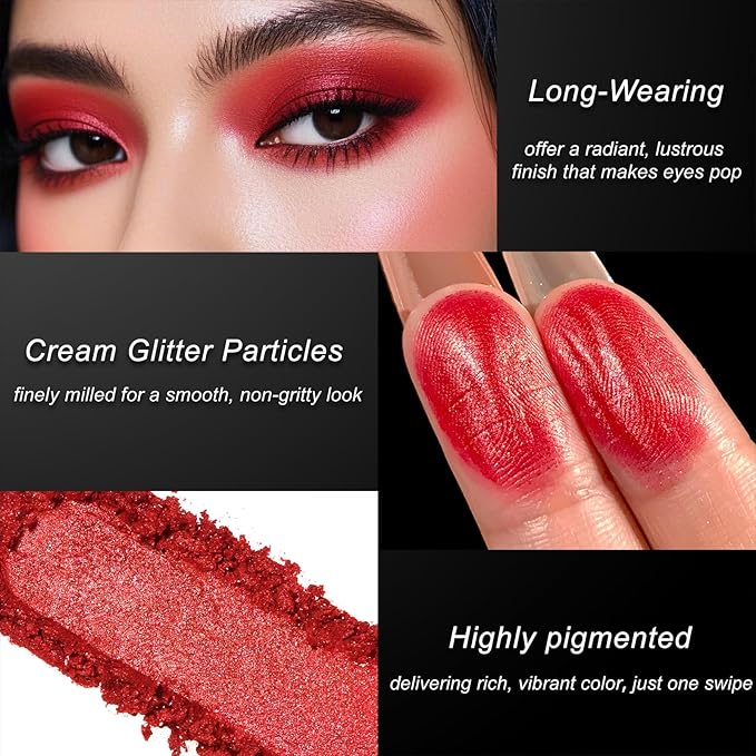DE'LANCI Single Red Eyeshadow Shimmery, High Pigment Red Glitter Eyeshadow Makeup Cream Eye Shade Intense Color, Waterproof Moisturizing red Eye shadow Shimmer for Women, Cruelty-Free & Vegan, 02#