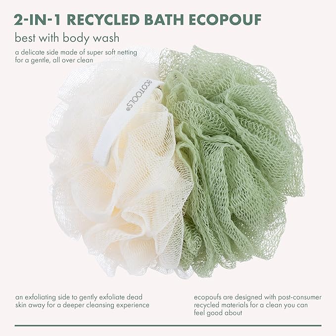 EcoTools Green 2-in-1 EcoPouf, Dual-Sided Shower Loofah Exfoliates & Cleanses Skin, Made of Recycled Netting, Removes Dead Skin, Eco-Friendly Bath Accessory, Cruelty-Free, 1 Count (60g)