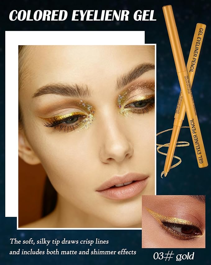 Gold Glitter Gel Eyeliner Pencil Waterproof, Metallic Retractable Cream Smooth Eye Liner Pencils, Long Lasting Waterline Hypoallergenic Precision Eyeliner Pencil, Smudge-Proof Makeup for Women-03