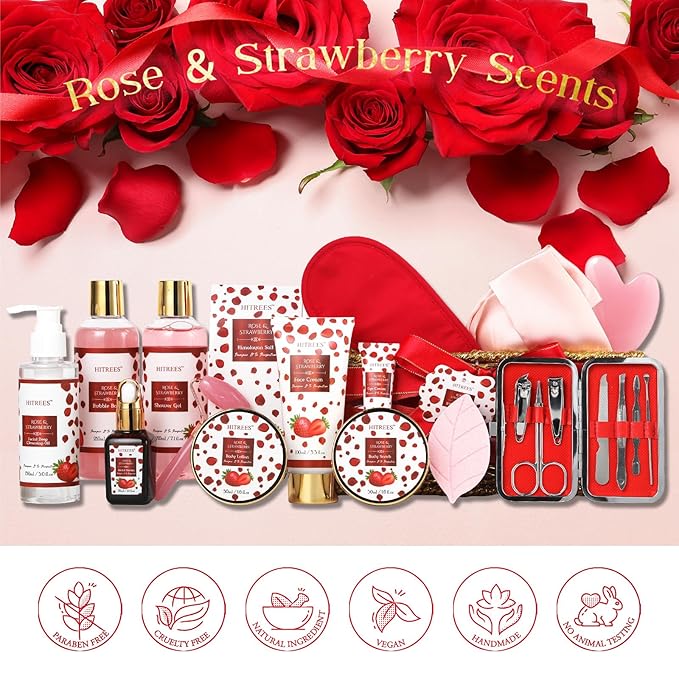 Luxury 22 pcs Rose & Strawberry Valentines Day Gift for Women, Bath and Body Basket Gift, Face Skin Care Kit, Home Spa Self Care, Eye Cream, Birthday, Christmas, Mother, Bridal Shower, Anniversary