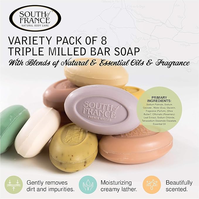 South Of France Natural Body Care Triple Milled Large 6OZ Bar Soap (Variety Pack 1, 8 Bars)