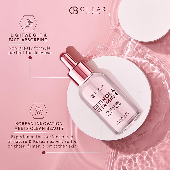 Clear Beauty Retinol Serum For Face with Vitamin E – Dermatologist Tested Anti Aging Korean Skin Care –, Deep Hydration, Smooths Fine Lines, Refines Texture – Vegan, Clean Beauty – 1.69 Fl Oz